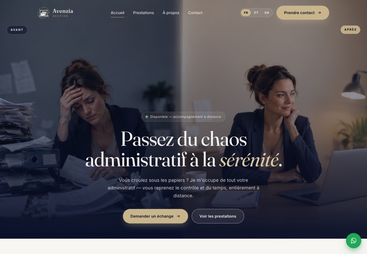 Site web de Avenzia Gestion, assistanat administratif
