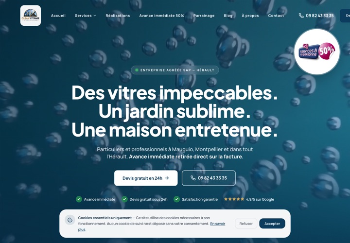 Site web de Clean Vitrage 34, nettoyage de vitres