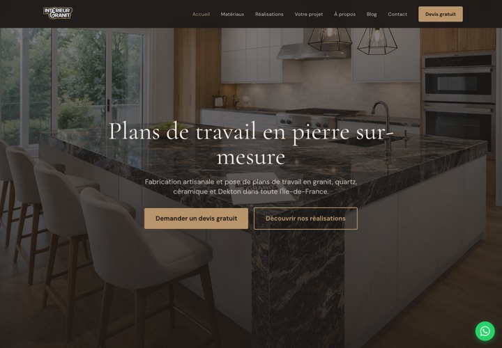 Site web de Intérieur Granit, plans de travail en pierre